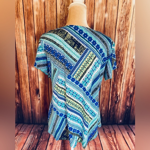 Women’s XL Blouse Bleeker McDougal Short Flutter Sleeves Chiffon Overlay Stretch - Picture 6 of 11